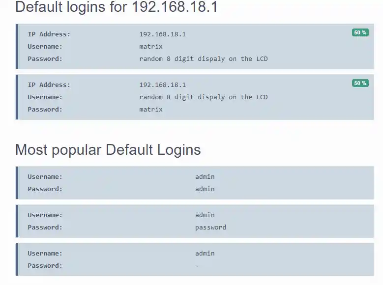 Default logins for 192.168.18.1